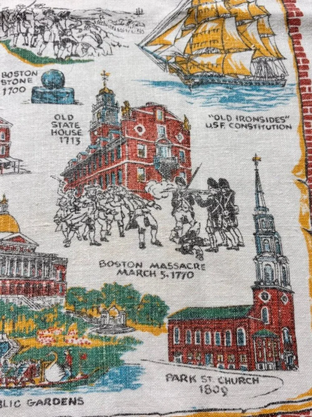 Vtg Stevens 100% Linen Souvenir Historic Boston Tea Towel Americana